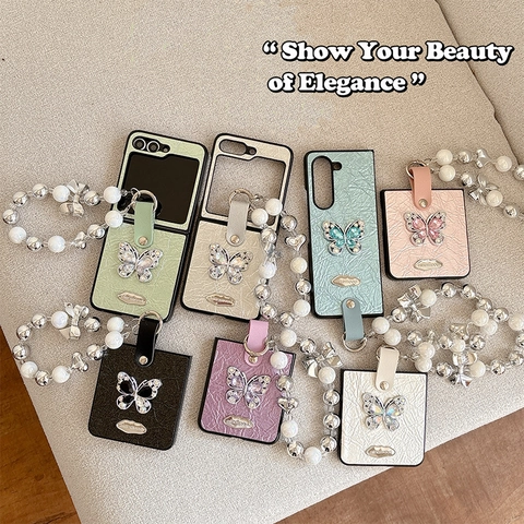 Butterfly Rhinestone Folding Phone Case Faux Leather Beaded Wristlet Strap Luxury Style Protective Cover