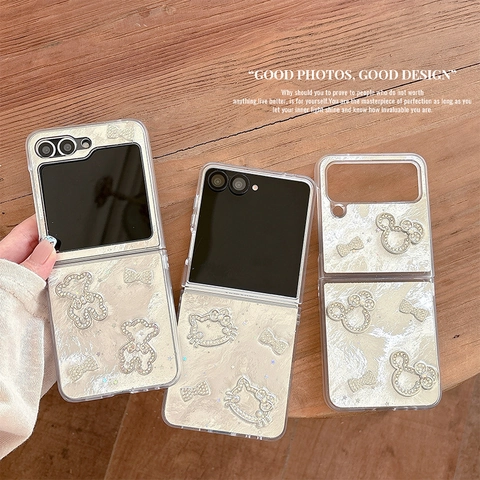 Luxe Strass Boog Glimmende Beer Vouwbare Telefoonhoes Voor Galaxy Z Flip Kunstparel Schelp Textuur Harde PC Cover Voor Dames