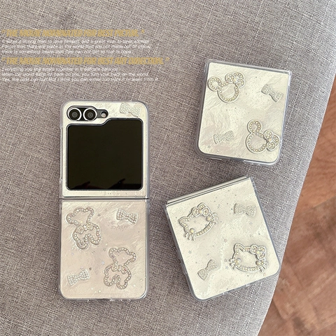 Luxe Strass Boog Glimmende Beer Vouwbare Telefoonhoes Voor Galaxy Z Flip Kunstparel Schelp Textuur Harde PC Cover Voor Dames