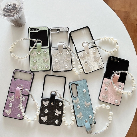 Foldable Phone Case Rhinestone Butterfly Artificial Pearl Bracelet Luxury PU Leather Wrinkle Texture Flip Cover Elegant Accessory