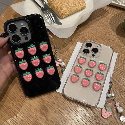 Custodia Per Telefono Fragola 3D Carina Glitter TPU Antiurto Cover Protettiva Trasparente Nero Stile Dolce Per Ragazze