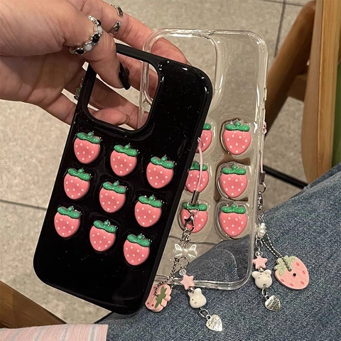 Custodia Per Telefono Fragola 3D Carina Glitter TPU Antiurto Cover Protettiva Trasparente Nero Stile Dolce Per Ragazze