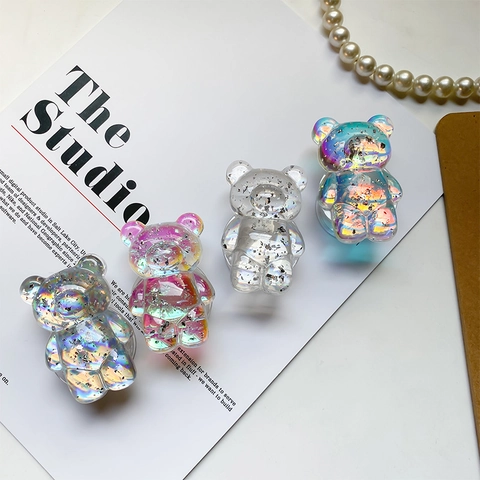 3D Bear Phone Grip Stand Foldable Telescopic Holder Plastic Acrylic Silver Foil Iridescent Laser Holographic Cute Korean Style