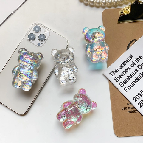 3D Bear Phone Grip Stand Foldable Telescopic Holder Plastic Acrylic Silver Foil Iridescent Laser Holographic Cute Korean Style