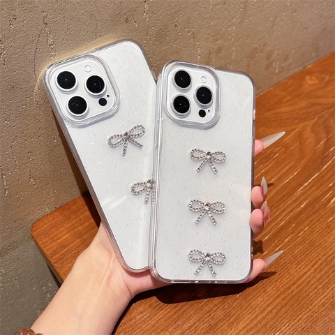 Funda Para Teléfono Inteligente Con Lazos De Strass Tridimensionales Purpurina Transparente TPU Suave Moda Coreana