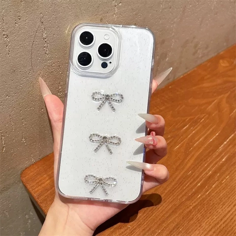 Funda Para Teléfono Inteligente Con Lazos De Strass Tridimensionales Purpurina Transparente TPU Suave Moda Coreana