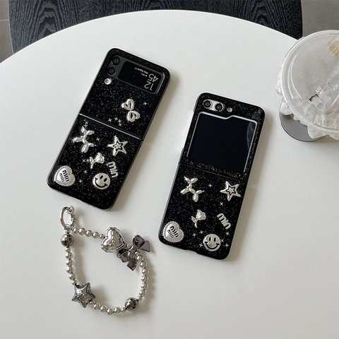 Folding Phone Case Black Glitter Star Smiley With 3D Metal Style Charms And Beaded Hand Strap For Z Flip Fold