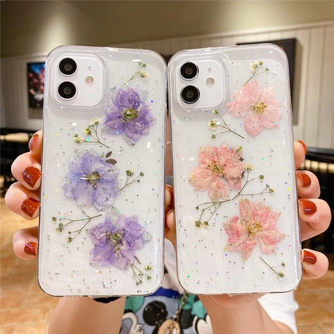 Real Dried Flower Phone Case Transparent Glitter Shockproof Protective Cover Floral Handmade For Smartphone