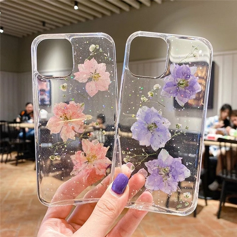 Real Dried Flower Phone Case Transparent Glitter Shockproof Protective Cover Floral Handmade For Smartphone