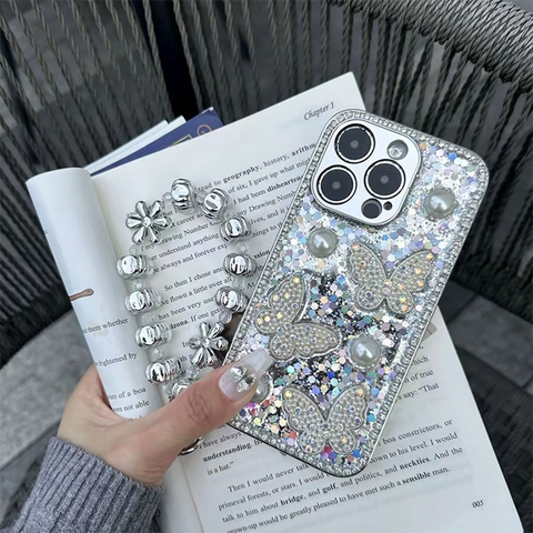 Glitter Phone Case Luxury Rhinestone Butterfly Artificial Pearl Shockproof TPU Protective Cover Shiny Elegant Style For Women