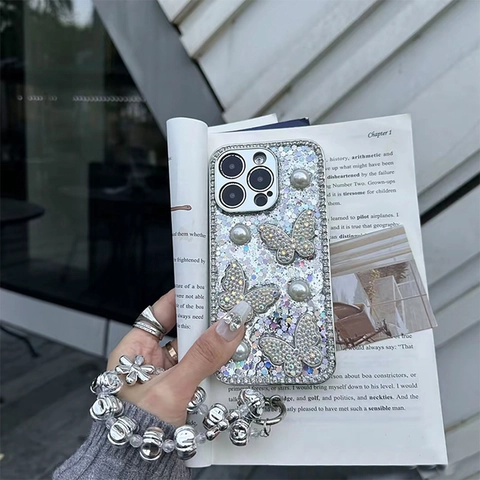 Glitter Phone Case Luxury Rhinestone Butterfly Artificial Pearl Shockproof TPU Protective Cover Shiny Elegant Style For Women