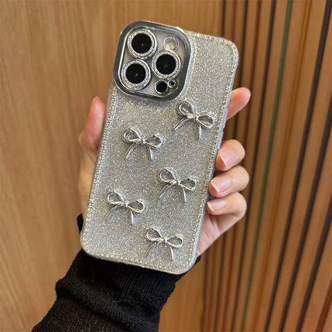 Custodia Per iPhone Argento Glitter Strass Fiocco 3D TPU Antiurto Cover Protettiva Y2K Lussuoso Dolce Per Donne