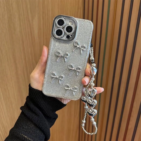 Custodia Per iPhone Argento Glitter Strass Fiocco 3D TPU Antiurto Cover Protettiva Y2K Lussuoso Dolce Per Donne