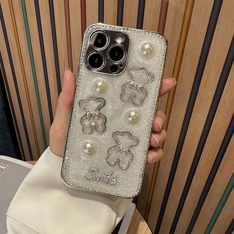 Glitter Phone Case With Rhinestone Bear Decoration And Faux Artificial Pearl Electroplated TPU Luxury Anti-Fall Protective Cover