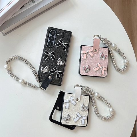 Luxury Faux Leather Folding Phone Case With Artificial Pearl Handheld Chain And Rhinestone Bow Decor For Women Sweet Elegant
