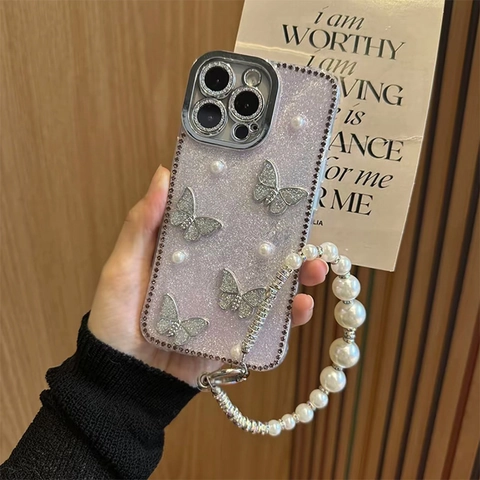 Butterfly Artificial Pearl Phone Case With Wrist Strap For iPhone 16 17 Pro Max Rhinestone Glitter TPU Luxury Protective Cover Women