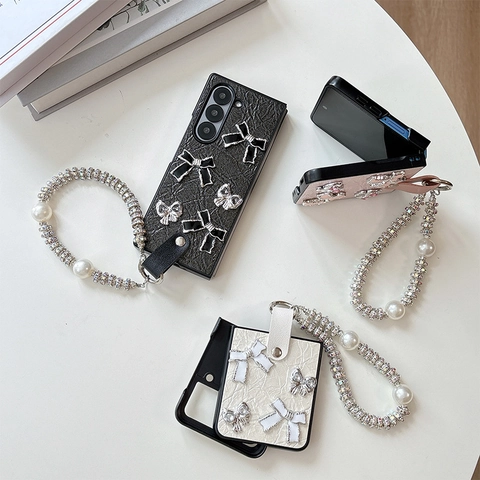 Luxury Faux Leather Folding Phone Case With Artificial Pearl Handheld Chain And Rhinestone Bow Decor For Women Sweet Elegant
