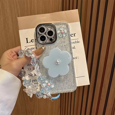Θήκη Τηλεφώνου Με Glitter Με Λαβή Λουλουδιών 3D Artificial Pearl Και Λουράκι Καρπού Με Χάντρες Μαλακό Κάλυμμα TPU Για Γυναίκες Κορίτσια