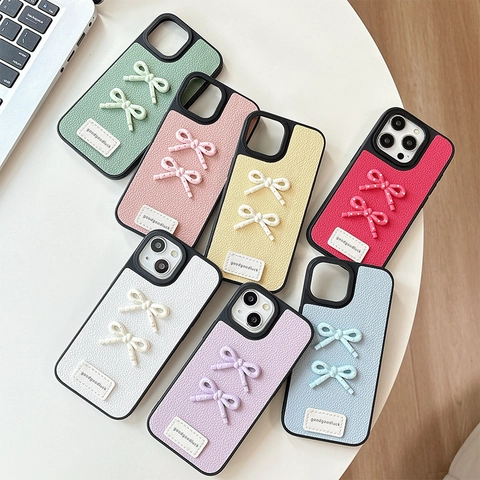 Phone Case Litchi Pattern PU Leather Textured Bowknot Solid Color Shockproof Protective Back Cover Sweet Style Women