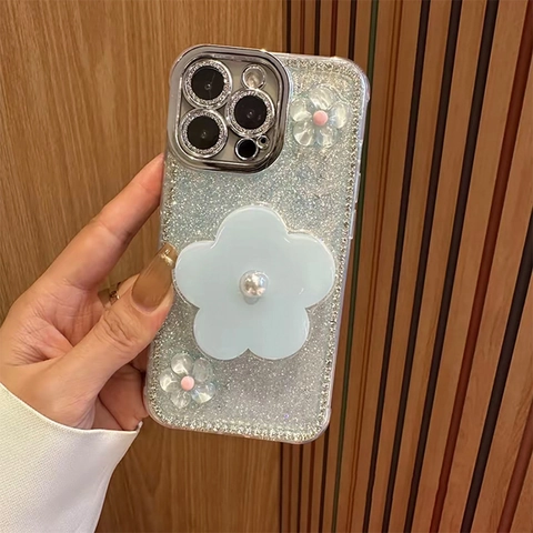 Θήκη Τηλεφώνου Με Glitter Με Λαβή Λουλουδιών 3D Artificial Pearl Και Λουράκι Καρπού Με Χάντρες Μαλακό Κάλυμμα TPU Για Γυναίκες Κορίτσια