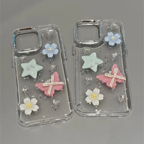 3D Butterfly Star Flower Smartphone Case Clear Transparent Protective Shell With Ribbon Bow Rhinestone Faux Artificial Pearl Decor Sweet Style