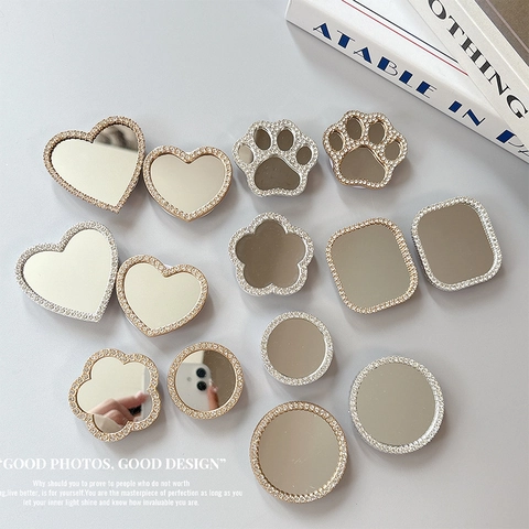 Rhinestone Mirror Phone Grip Stand Heart Cat Paw Shape Foldable Makeup Mirror Cell Phone Holder Sparkly For Women Girls