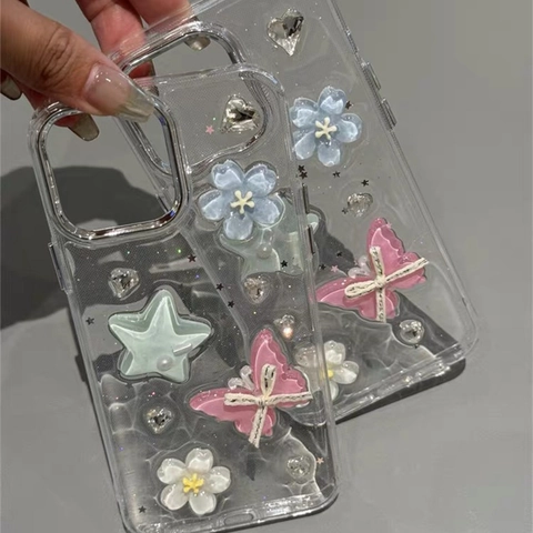 3D Butterfly Star Flower Smartphone Case Clear Transparent Protective Shell With Ribbon Bow Rhinestone Faux Artificial Pearl Decor Sweet Style