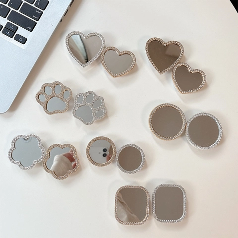 Rhinestone Mirror Phone Grip Stand Heart Cat Paw Shape Foldable Makeup Mirror Cell Phone Holder Sparkly For Women Girls