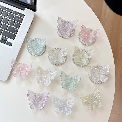 Support Téléphone Papillon En Résine Irisée Avec Base En Strass Et Künstliche Perle Pliable Anneau De Doigt Universel De Bureau