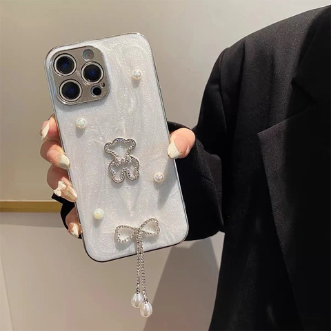 Glitter Artificial Pearl Bear Phone Case For iPhone With Rhinestone Bow Pendant Electroplated TPU Anti-Drop Luxury Style For Women