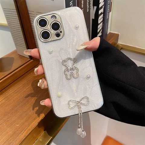 Glitter Artificial Pearl Bear Phone Case For iPhone With Rhinestone Bow Pendant Electroplated TPU Anti-Drop Luxury Style For Women