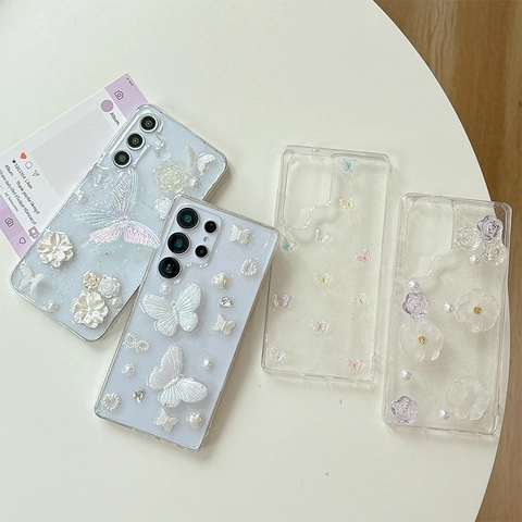 Resin Butterfly Flower Phone Case Transparent TPU Glitter Shell Shockproof Protective Cover For Mobile Phones