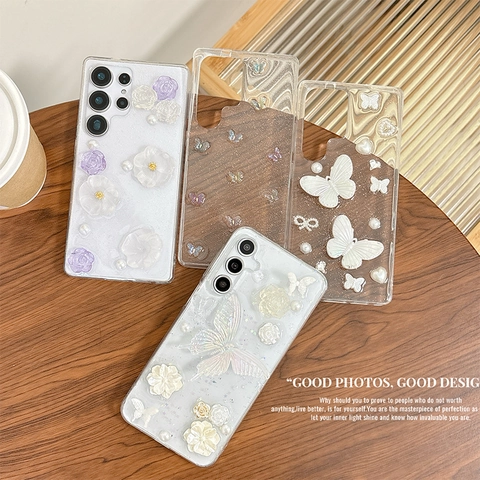 Resin Butterfly Flower Phone Case Transparent TPU Glitter Shell Shockproof Protective Cover For Mobile Phones