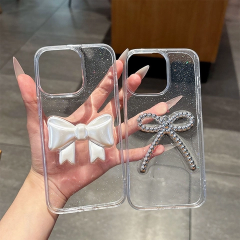 Dimensionale Glitzer Transparente Hülle TPU Tropfkleber Acryl Schleife Silber Metallperle Luxus Elegant Damen Hülle