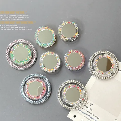 Circular Phone Griptok Stand With Integrated Mirror Sparkling Rhinestones Quicksand Polka Dots Acrylic Mobile Holder