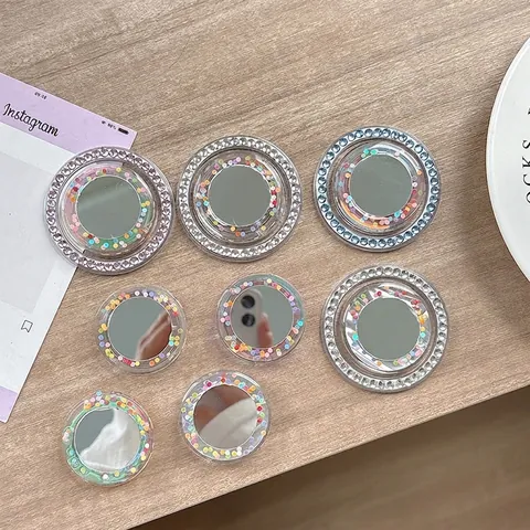 Circular Phone Griptok Stand With Integrated Mirror Sparkling Rhinestones Quicksand Polka Dots Acrylic Mobile Holder