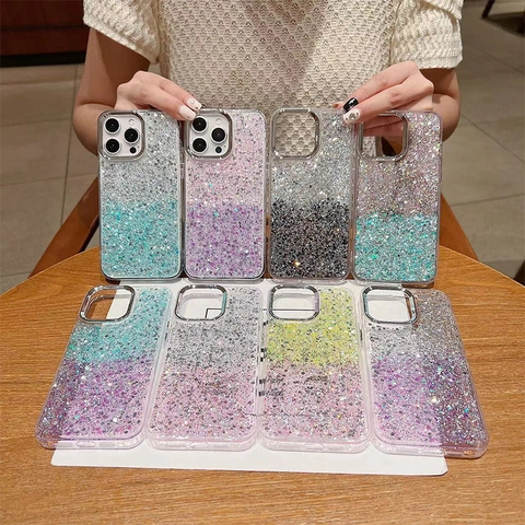 Glitter Sequin Phone Case Gradient TPU Protective Cover With Electroplated Frame For iPhone Anti-Fall Trendy Fresh Style