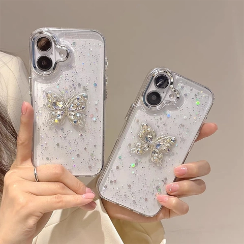 Steentjes Vlinder Glitter Telefoonhoesje Transparant TPU Gegalvaniseerd Frame Sterren Epoxy Luxe Cover Voor Dames
