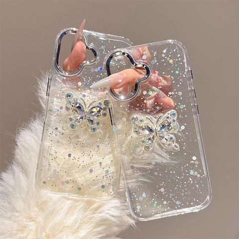 Steentjes Vlinder Glitter Telefoonhoesje Transparant TPU Gegalvaniseerd Frame Sterren Epoxy Luxe Cover Voor Dames