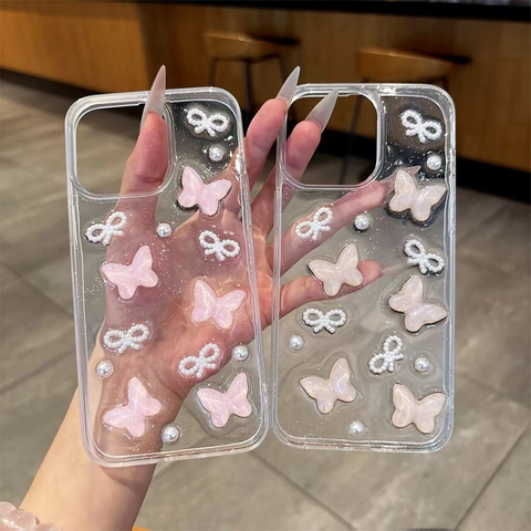 3D Butterfly Artificial Pearl Bowknot Phone Case Transparent Glitter TPU Soft Shockproof Protective Cover For 17 16 15 14 Pro Max
