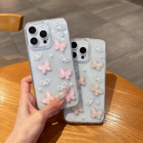 3D Butterfly Artificial Pearl Bowknot Phone Case Transparent Glitter TPU Soft Shockproof Protective Cover For 17 16 15 14 Pro Max