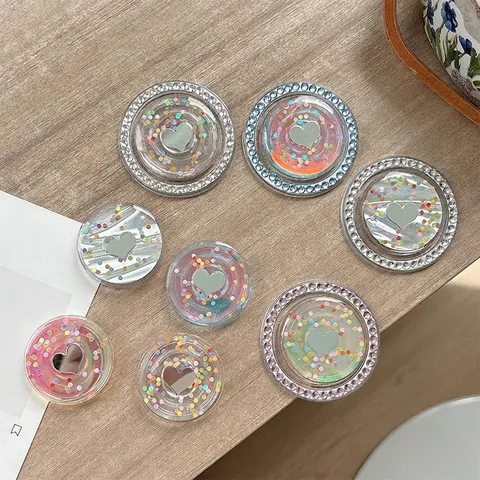 Phone Grip Stand Expandierbar Herz Spiegel Bunte Punkte Glitzer Strass Magnetische Acryl Handyhalterung