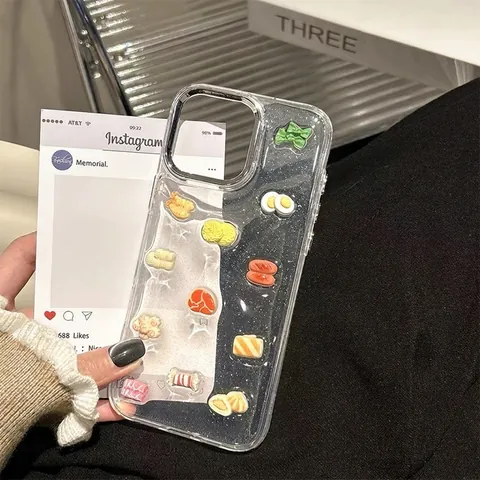 Custodia Per Telefono In TPU Antiurto Con Modelli Alimentari 3D Sushi Ramen Uovo Fritto Glitter Per IPhone