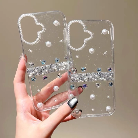 Transparente Glitzer Handyhülle Mit Künstliche Perle Und Stern Straßstein Dekor Stoßfeste TPU Schutzhülle Für Damen