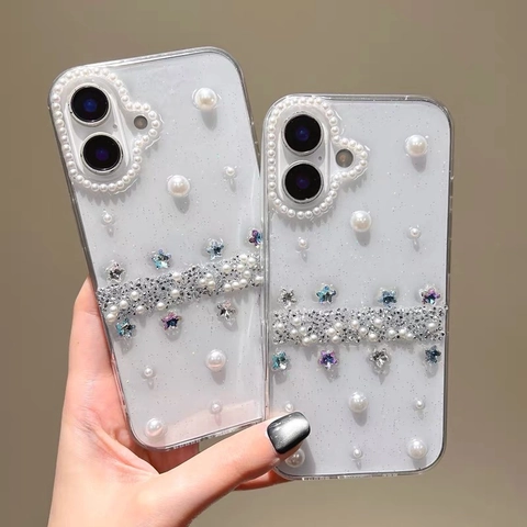 Transparente Glitzer Handyhülle Mit Künstliche Perle Und Stern Straßstein Dekor Stoßfeste TPU Schutzhülle Für Damen