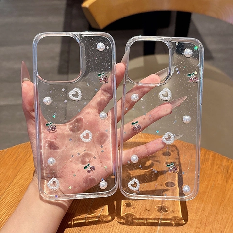 Transparente TPU Handyhülle Mit 3D Künstliche Perle Strass Kirsche Herz Glitzer Für Frauen Mädchen Stoßfest Schutzhülle