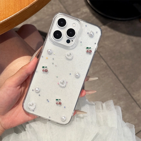 Transparente TPU Handyhülle Mit 3D Künstliche Perle Strass Kirsche Herz Glitzer Für Frauen Mädchen Stoßfest Schutzhülle