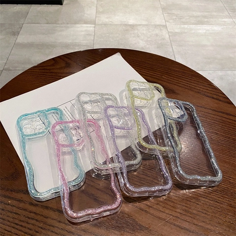 Custodia Per Telefono Bordo Ondulato Glitter Trasparente TPU Morbido Antiurto Cover Protettiva Per iPhone Chic Brillante