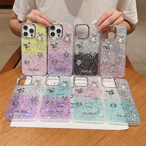 Gradient Glitter Smartphone Case Dimensional Artificial Pearl Bear Flower Charm Star Protective TPU Soft Cover Elegant Aesthetic