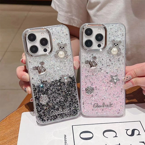 Gradient Glitter Smartphone Case Dimensional Artificial Pearl Bear Flower Charm Star Protective TPU Soft Cover Elegant Aesthetic